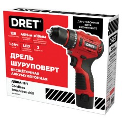 Дрель-шуруповерт аккумуляторная БЕСЩЕТОЧНАЯ 12 В, Li-ion 1х1,5 Ач, 40 Нм, двусторонняя БИТА в подарок, DRET (ДРЕТ) ДШБА-12-1, 671502 - фото 2
