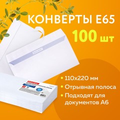 Конверты Е65 (110х220 мм), отрывная лента, внутренняя запечатка, КОМПЛЕКТ 100 шт., BRAUBERG, 112193 - фото 12