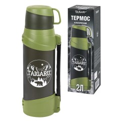 Термос классический, нержавеющая сталь, 2 л, черно-оливковый, 2 кружки, ручка + ремешок, TAIGARU (ТАЙГАРУ), 608816