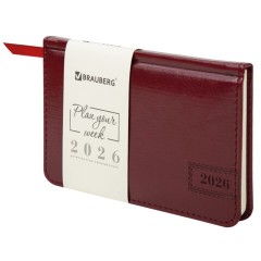 Еженедельник датированный 2026, МАЛЫЙ ФОРМАТ 95х155 мм, А6, BRAUBERG "Imperial", под кожу, бордо, 117188