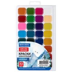 Краски акварельные для школ и худож. училищ BRAUBERG "ART ПЕЙЗАЖ", медовые, 32 цвета, квадратные кюветы, пластик.пенал с европодвесом,192816