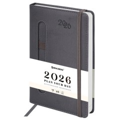 Ежедневник датированный 2026, А5, 138x213 мм, BRAUBERG "Optimal", под кожу, резинка, держатель для ручки, серый, 117469