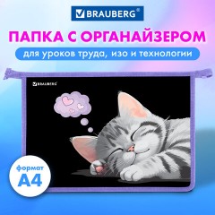 Папка для труда на молнии BRAUBERG А4, 2 отделения, органайзер, "Sleeping kitten", 273401 - фото 6