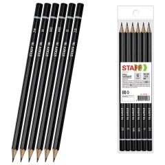 Карандаши чернографитные STAFF "College" BLP-254, НАБОР 6 шт., 2H-2B, черный корпус, 181254