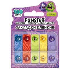 Закладки клейкие Z-сложения FUNSTER (ФАНСТЕР) "Монстрики", 45х12 мм, 100 шт. (5 цветов х 20 листов), в диспенсере, 116701