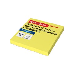 Блок самоклеящийся (стикеры) Z-сложения, BRAUBERG ZigZag, 76х76 мм, 100 л., желтый, для диспенсера, 116681