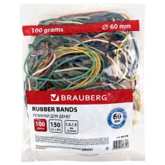 Резинки банковские универсальные диаметром 60 мм, BRAUBERG 100 г, цветные, натуральный каучук, 440036