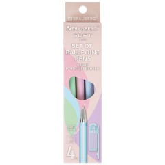 Ручки шариковые BRAUBERG "SOFT PASTEL", НАБОР 4 ШТУКИ, СИНИЕ, SOFT TOUCH покрытие, узел 0,7 мм, линия письма 0,35 мм, 144400