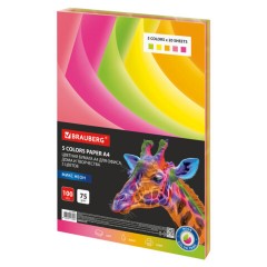 Бумага цветная BRAUBERG, А4, 75 г/м2, 100 л. (5 цветов х 20 листов), НЕОН, для офисной техники, 116667