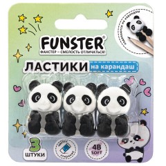 Ластик-топпер для карандаша FUNSTER (ФАНСТЕР) "ПАНДЫ", НАБОР 3 ШТУКИ, блистер, 274012 - фото 2