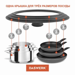 Крышка для любой сковороды и кастрюли универсальная 3 размера (24-26-28 см) серая, DASWERK (ДАСВЕРК), 607591 - фото 11