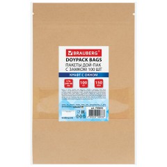 Пакеты дой-пак с замком ZIP LOCK, крафт с окном 60 мм, 170х240 + 40 мм, КОМПЛЕКТ 100 штук, 150 мкм, BRAUBERG, 700692