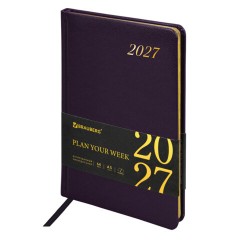 Еженедельник датированный 2027, А5, 145х215 мм, BRAUBERG "Iguana", под кожу, темно-фиолетовый, 118132