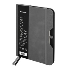 Ежедневник датированный 2026, А5, 151х213 мм, BRAUBERG "Note", под кожу, держатель для ручки, серый, 117519