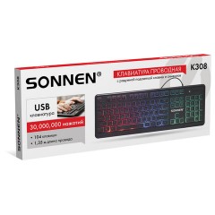 Клавиатура проводная USB, 104 плоские клавиши, LED-подсветка, SONNEN K308, черная, 513947 - фото 8