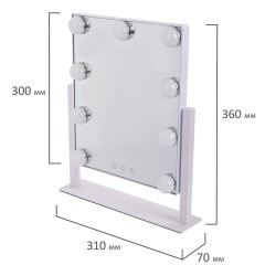 Зеркало для макияжа гримерное с подсветкой, 9 LED-ламп, 3 режима свечения, размер 25х30 см, работа от сети 220 V, цвет белый, BRABIX, 609335 - фото 11