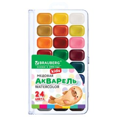 Краски акварельные BRAUBERG KIDS NEW, медовые, 24 цвета, квадратные кюветы, пластиковый пенал с европодвесом, 192797