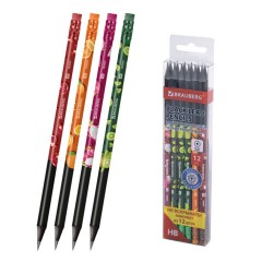 Набор карандашей чернографитных с принтом BRAUBERG "JUICY FRUIT", 12 штук, HB, с ластиком, корпус ассорти, 182034
