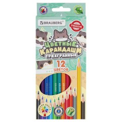 Карандаши цветные кросс-серия "МИЛЫЕ КОТЫ", 12 цветов, трехгранные, BRAUBERG, 182109 - фото 2