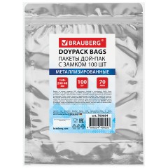 Пакеты дой-пак с замком ZIP LOCK, металлизированная + прозрачная стенка, 140х200 + 40 мм, КОМПЛЕКТ 100 штук, 70 мкм, BRAUBERG, 700684