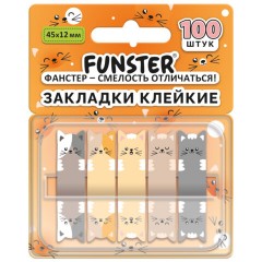 Закладки клейкие Z-сложения FUNSTER (ФАНСТЕР) "Коты", 45х12 мм, 100 шт. (5 цветов х 20 листов), в диспенсере, 116690