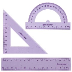 Набор чертежный BRAUBERG (линейка 15 см, треугольник, транспортир), фиолетовый, блестки, прозрачный, пенал, 210891 - фото 2