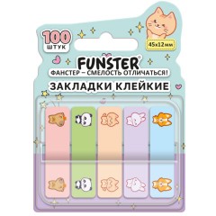 Закладки клейкие Z-сложения FUNSTER (ФАНСТЕР) "Животные", 45х12 мм, 100 шт. (5 цветов х 20 листов), в диспенсере, 116702