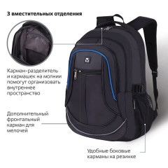 Рюкзак BRAUBERG HIGH SCHOOL универсальный, 3 отделения, "Выбор", черный/синий, 46х31х18 см, 271652 Рюкзак BRAUBERG HIGH SCHOOL универсальный, 3 отделения, "Выбор", черный/синий, 46х31х18 см, 271652 - фото 9