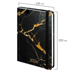 Ежедневник датированный 2026 с резинкой 145х203 мм, А5, BRAUBERG, твердый, фольга, "Черный мрамор", 117338 - фото 2