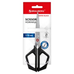 Ножницы BRAUBERG "Super black" 170 мм, черные, 3-сторонняя заточка, ручки из ABS-пластика, 238854