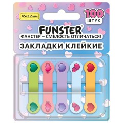 Закладки клейкие Z-сложения FUNSTER (ФАНСТЕР) "Сердечки", 45х12 мм, 100 шт. (5 цветов х 20 листов), в диспенсере, 116704