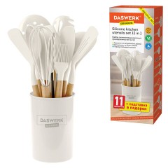 Набор силиконовых кухонных принадлежностей с деревянными ручками 12 в 1, молочный, DASWERK (ДАСВЕРК), 608193