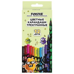 Карандаши цветные FUNSTER (ФАНСТЕР) МОНСТРИКИ, 12 цветов, черный корпус с принтом, трехгранные, 182065 - фото 2