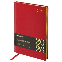 Ежедневник датированный 2026 БОЛЬШОЙ ФОРМАТ 210х297 мм, А4, BRAUBERG "Iguana", под кожу, красный, 117246