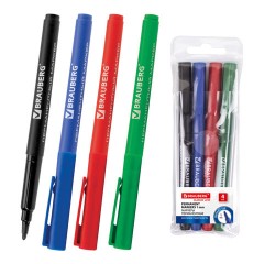 Маркеры перманентные BRAUBERG "CLASSICLine", НАБОР 4 ЦВЕТА, тонкий наконечник 1 мм, 150295