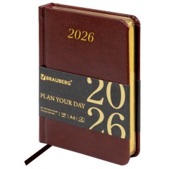 Ежедневник датированный 2026, МАЛЫЙ ФОРМАТ 100х150 мм, А6, BRAUBERG "Iguana", под кожу, коричневый, 117253